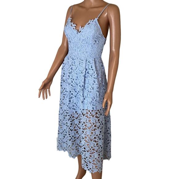 ASTR the label LACE A LINE MIDI DRESS pale blue midi crochet overlay SZ M - Picture 11 of 11